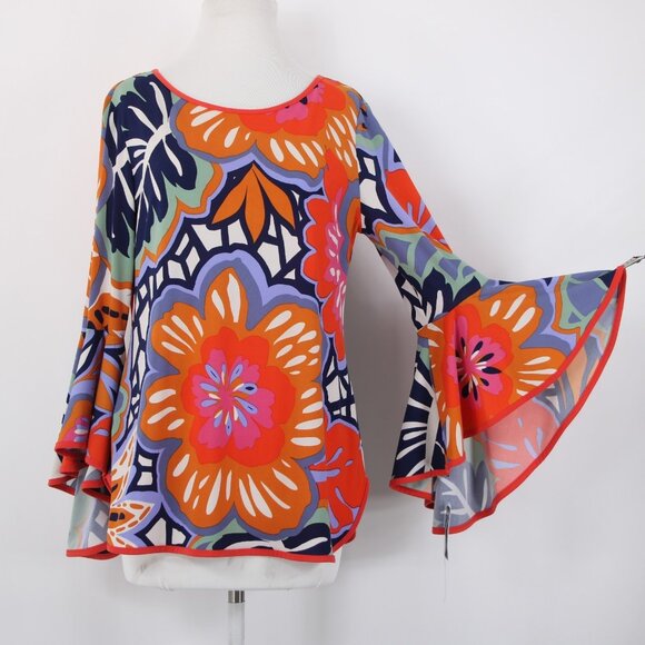 Coco Bianco Top $79 Sz M Orange Multi Color Floral Polyester Spandex Top - Picture 2 of 11
